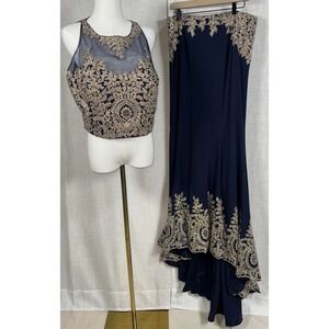 Dave & Johnny Halter Top Crop 17/18 Evening Gown 2 piece Dress Train Navy Gold